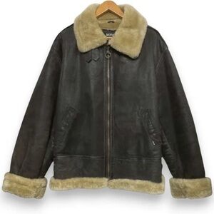 XOXO Y2K Brown Leather Aviator Bomber Jacket Size XL Faux Fur Lined Zip Front